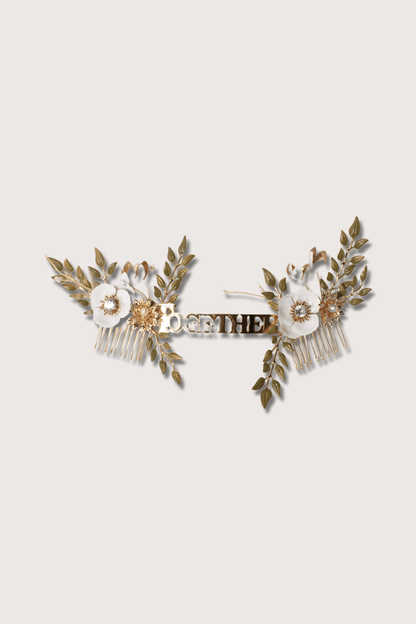 Tocado de novia “Together” Dorado con Flores