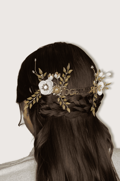 Tocado de novia “Together” Dorado con Flores