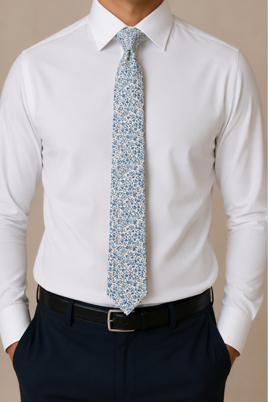 Corbata floral azul con blanco